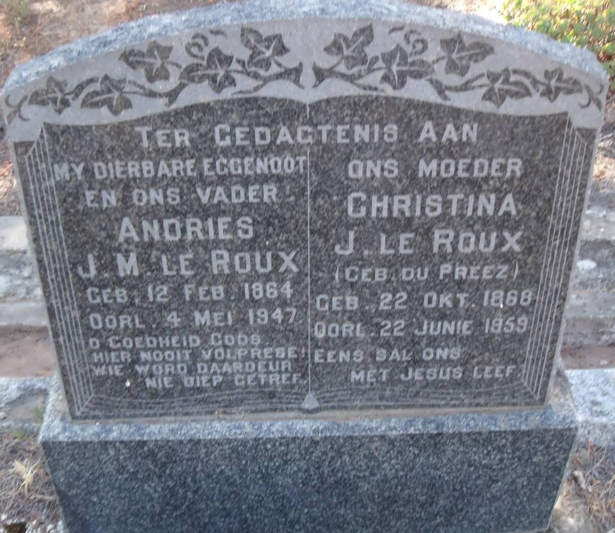 ROUX Andries J.M., le 1864-1947 &amp; Christina J. DU PREEZ 1868-1959