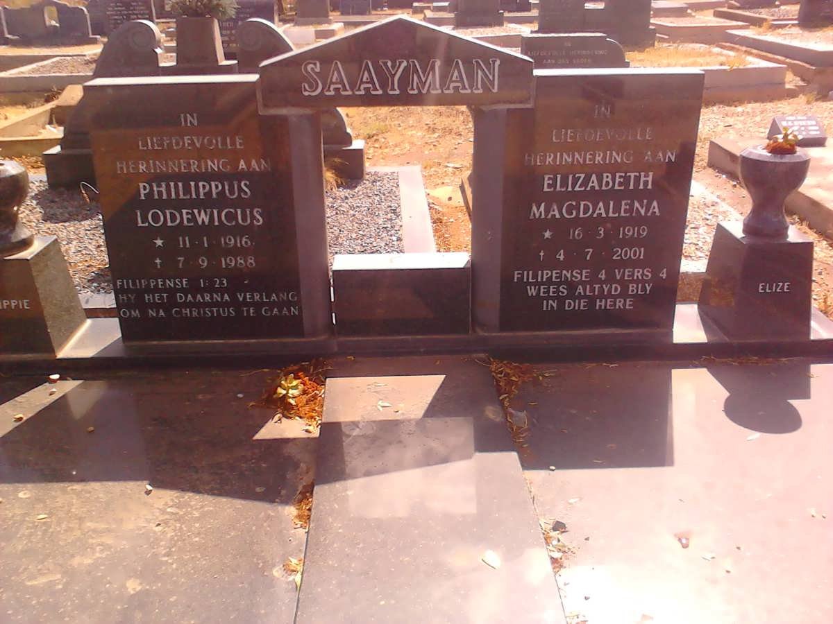SAAYMAN Philippus Lodewicus 1916-1988 &amp; Elizabeth Magdalena 1919-2001