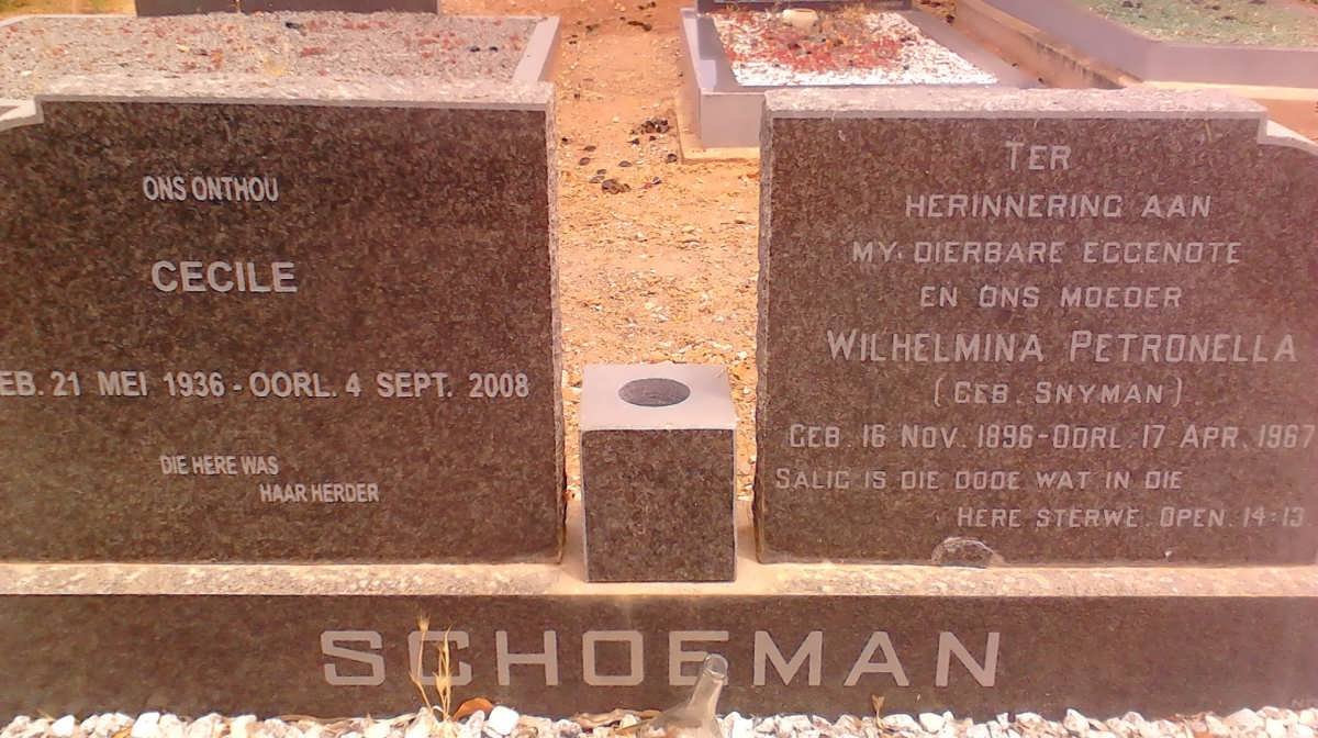 SCHOEMAN Wilhelmina Petronella nee SNYMAN 1896-1967 :: SCHOEMAN Cecile 1936-2008