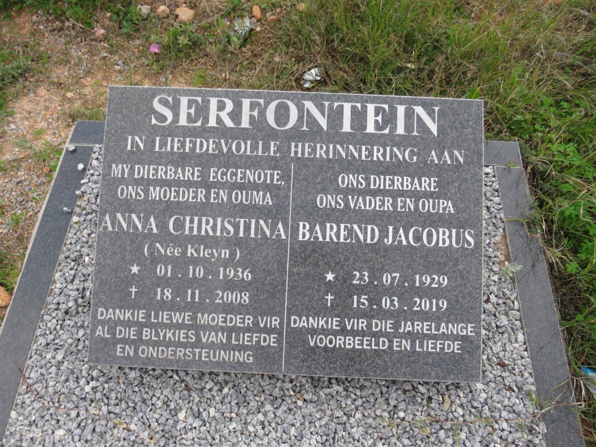 SERFONTEIN Barend Jacobus 1929-2019 & Anna Christina KLEYN 1936-2008