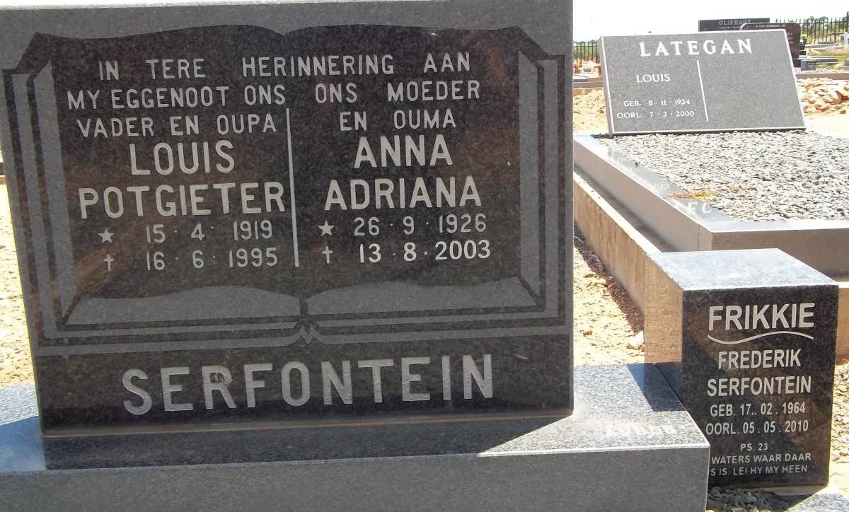 SERFONTEIN Louis Potgieter 1919-1995 &amp; Anna Adriana 1926-2003 ::SERFONTEIN Frederik 1964-2010