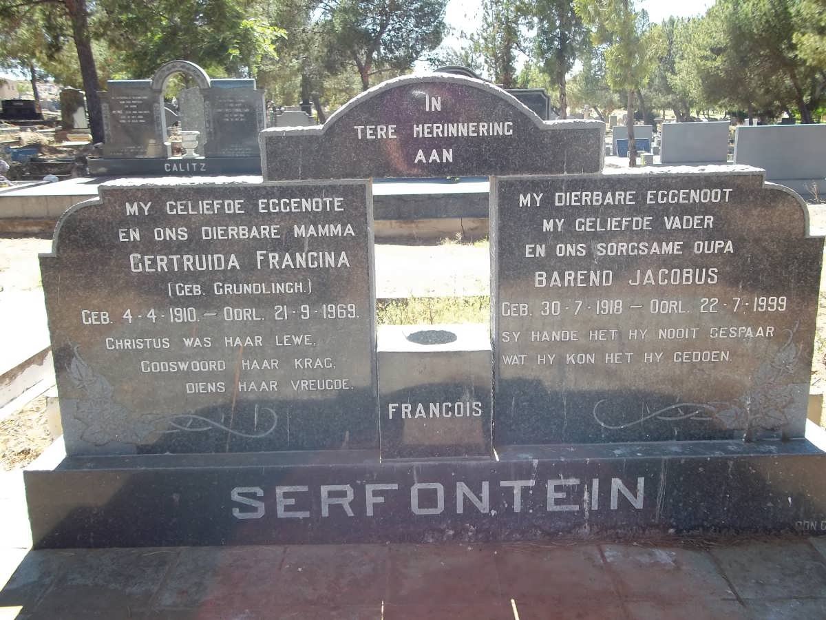 SERFONTEIN Barend Jacobus 1918-1999 &amp; Gertruida Francina GRUNDLINGH 1910-1969