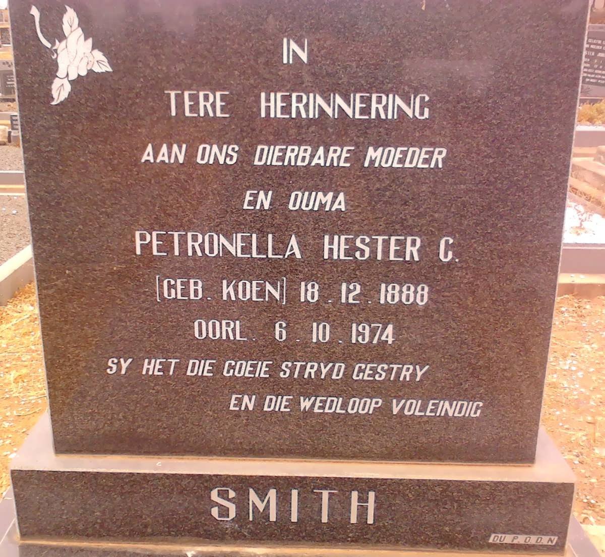 SMITH Petronella Hester C. nee KOEN 1888-1974