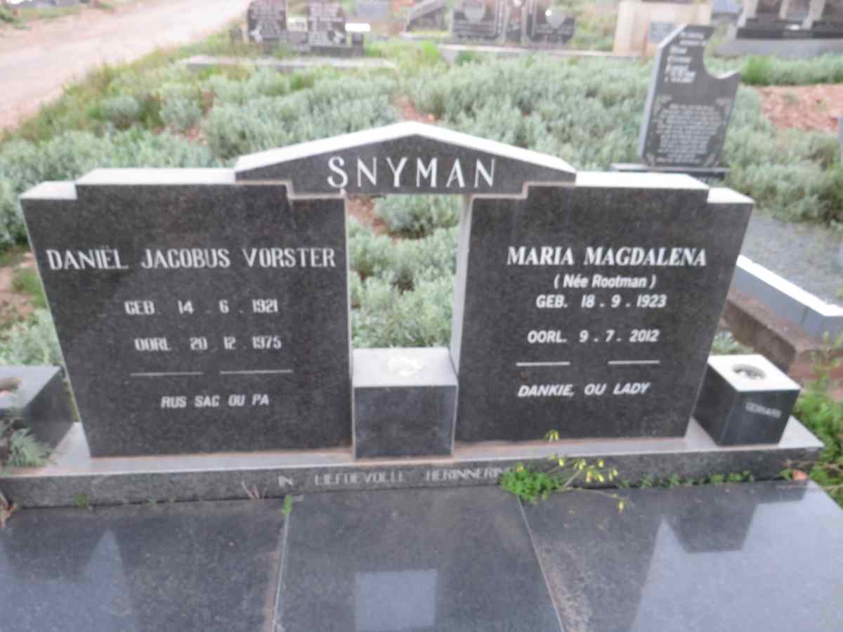 SNYMAN Daniel Jacobus Vorster 1921-1975 & Maria Magdalena ROOTMAN 1923-2012
