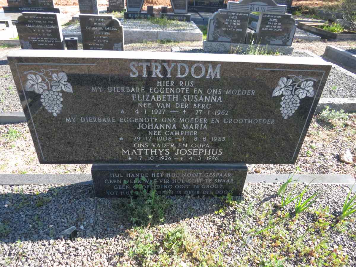 STRYDOM Johanna Maria nee CAMPHER 1908-1985 :: STRYDOM Matthys Josephus 1926-1996 & Elizabeth Susanna VAN DER BERG 1927-1962