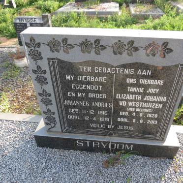 STRYDOM Johannes Andries 1916-1981 & Joey Elizabeth Johanna V.D. WESTHUIZEN nee MEIRING 1928-2013