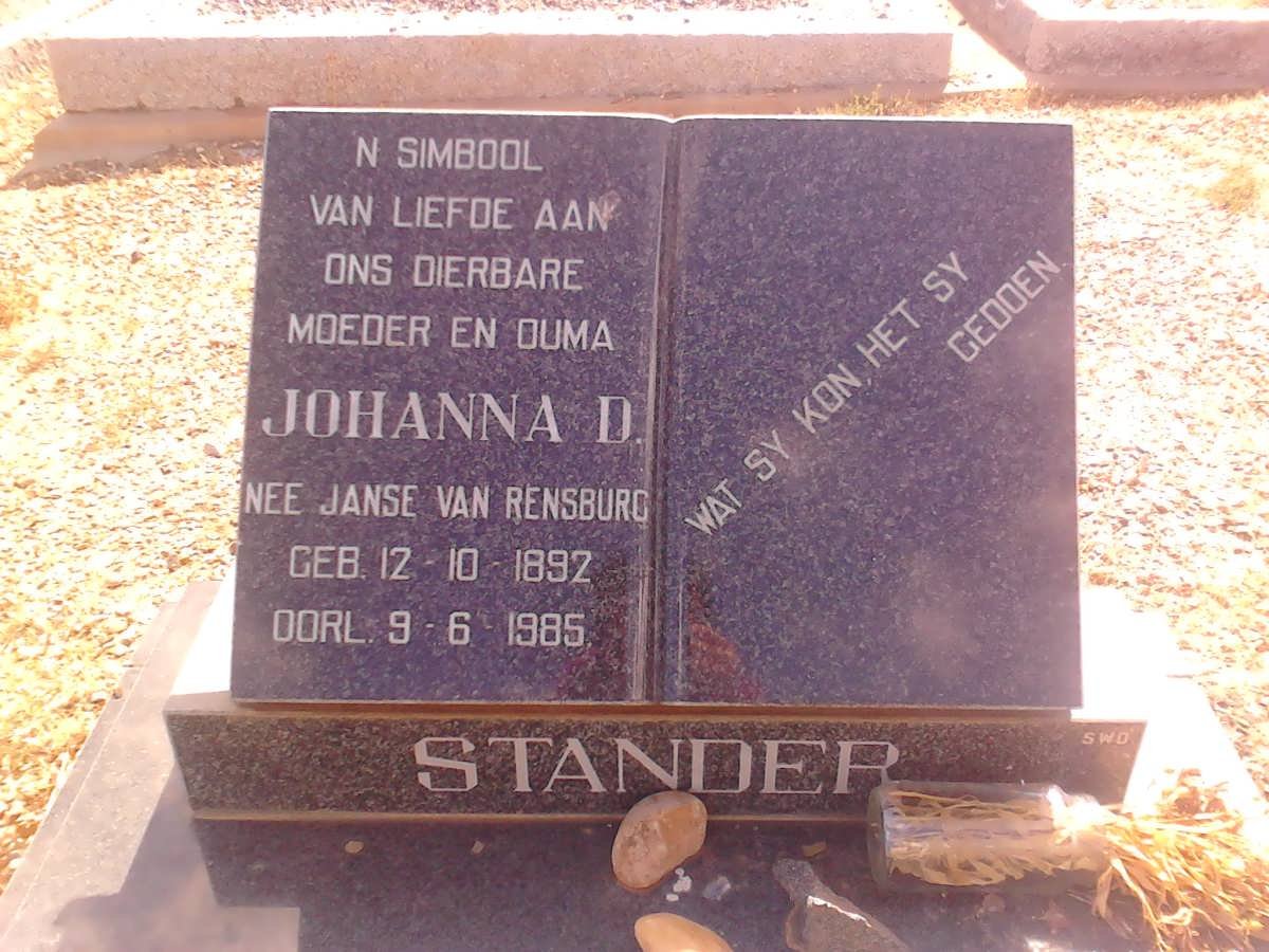 STANDER Johanna D. nee JANSE VAN RENSBURG 1892-1985