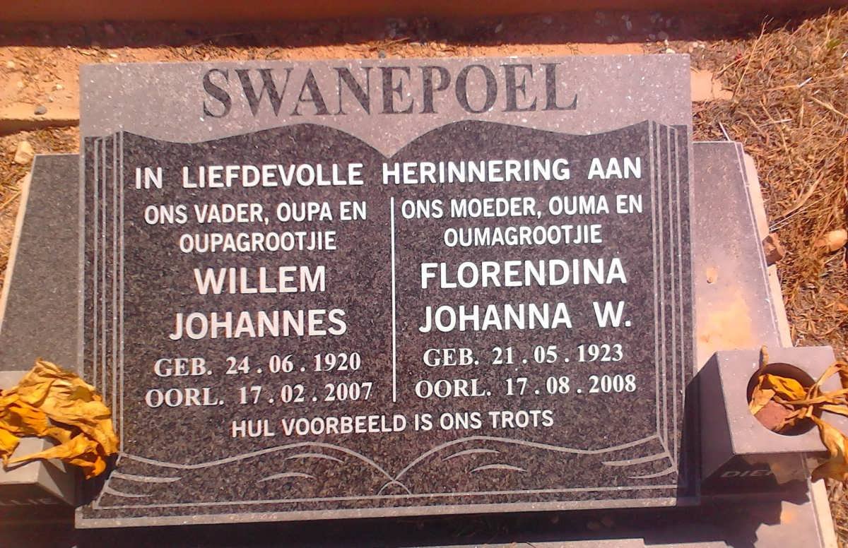 SWANEPOEL Willem Johannes 1920-2007 &amp; Florendina Johanna W. 1923-2008