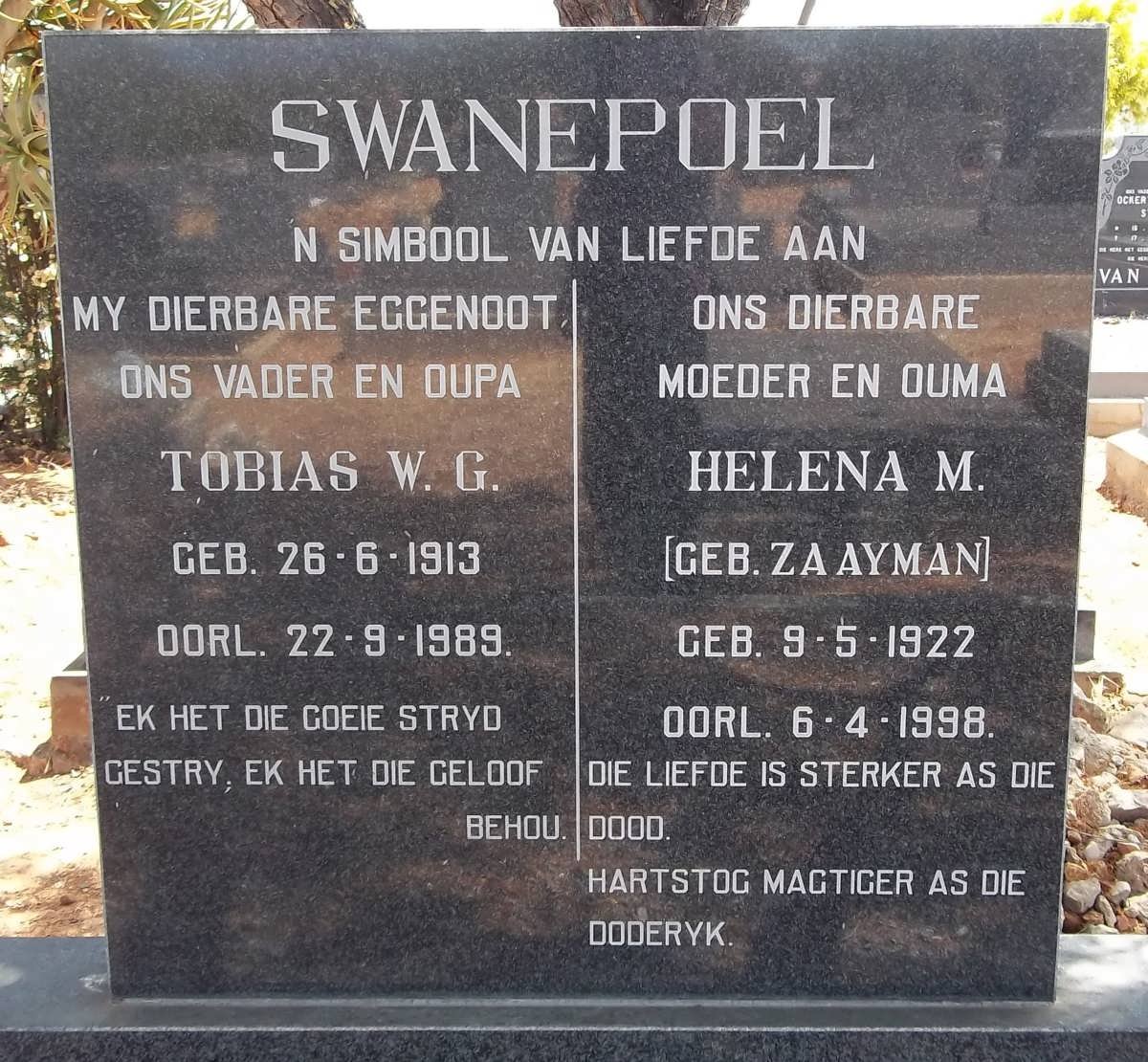 SWANEPOEL Tobias W.G. 1913-1989 &amp; Helena M. ZAAYMAN 1922-1998