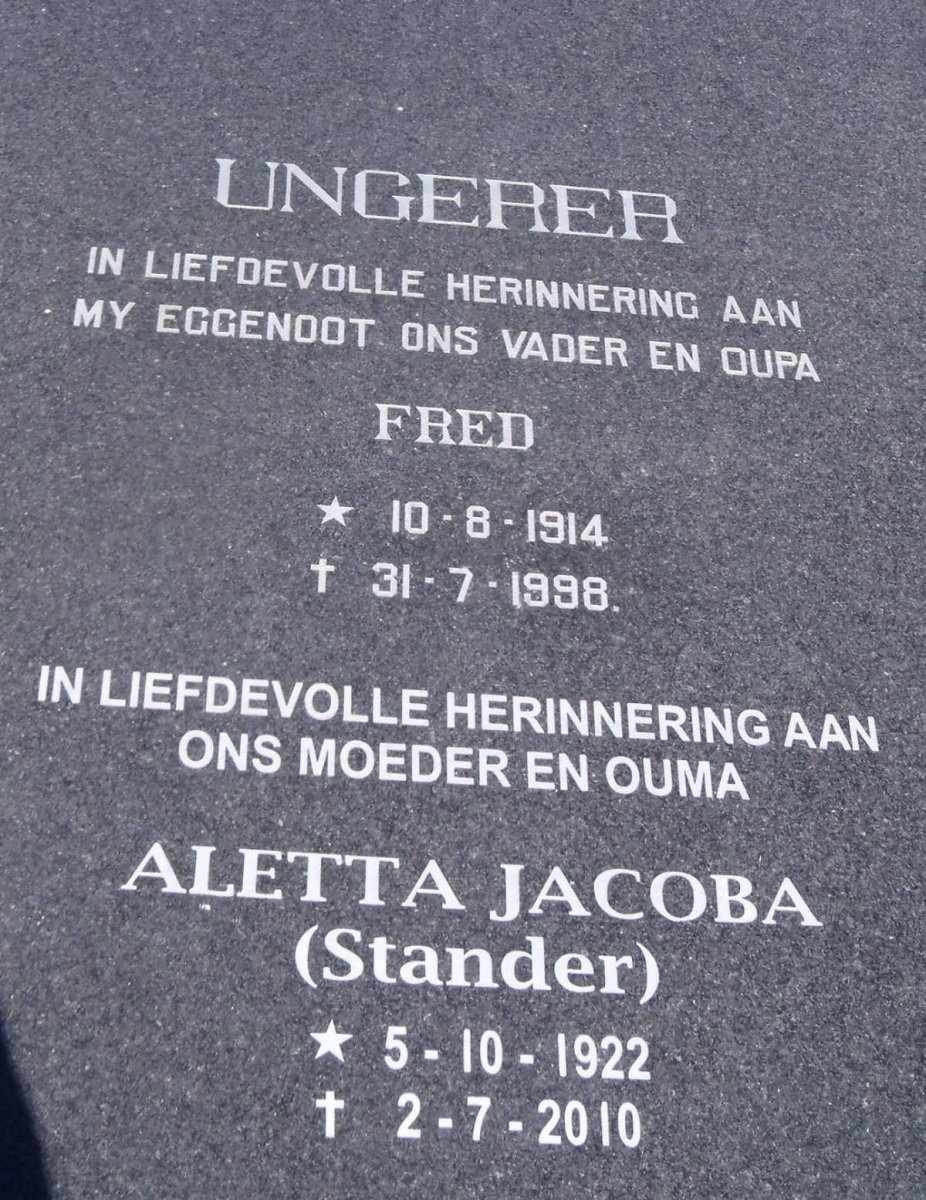 UNGERER Fred 1914-1998 &amp; Aletta Jacoba STANDER 1922-2010