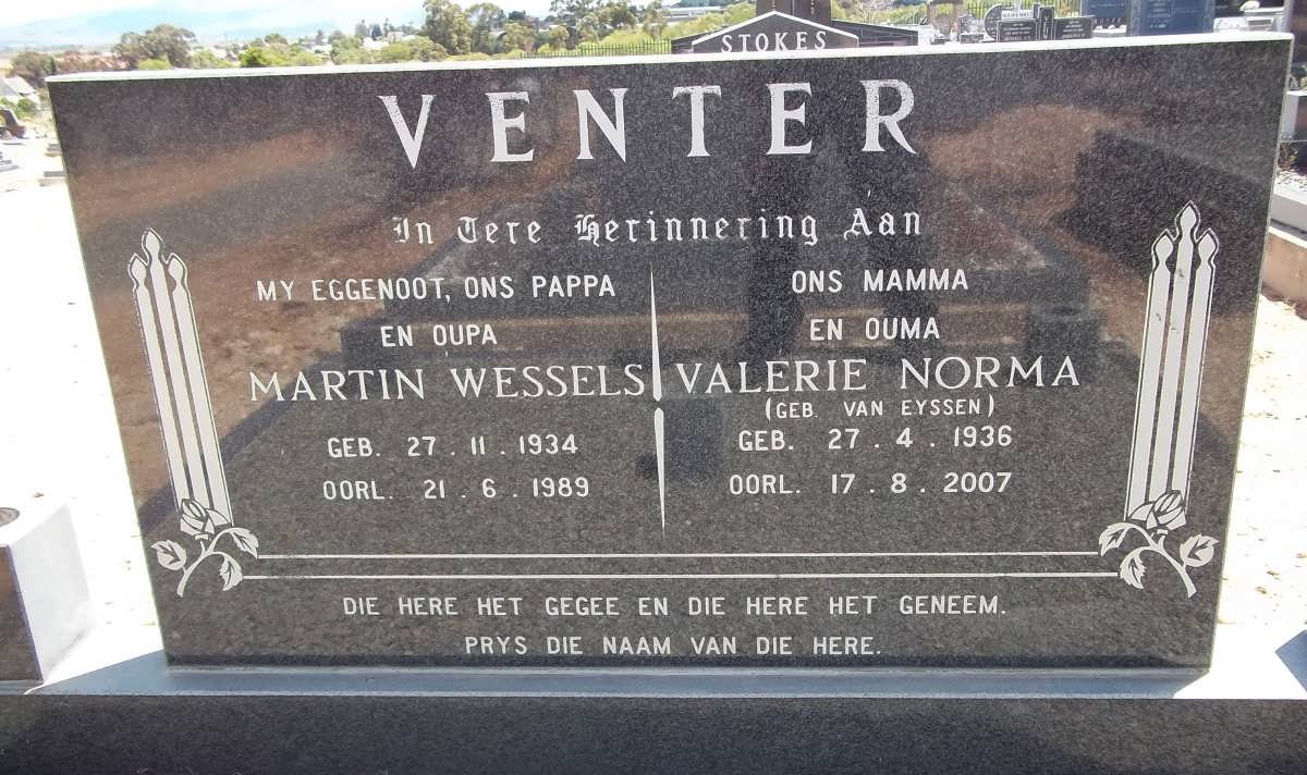 VENTER Martin Wessels 1934-1989 &amp; Valerie Norma VAN EYSSEN 1936-2007