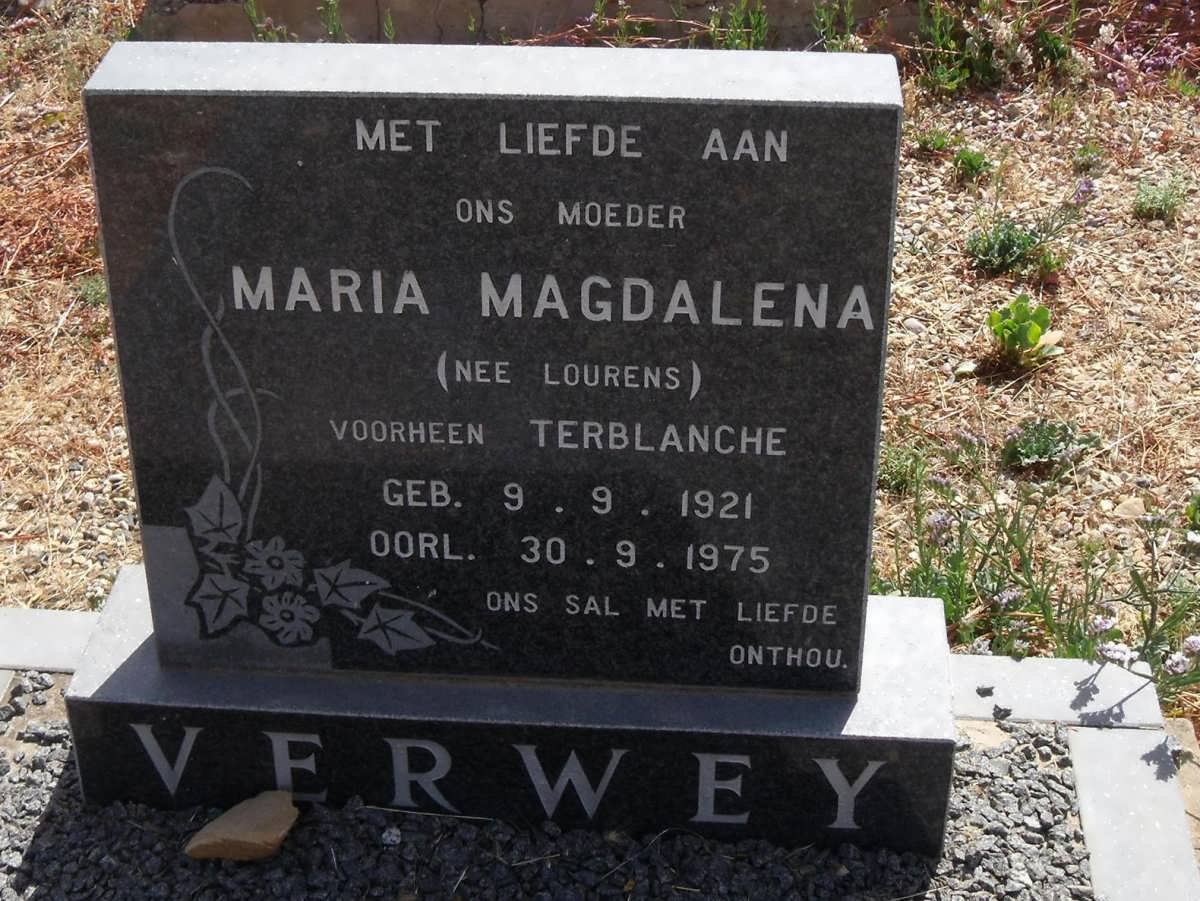 VERWEY Maria Magdalena voorheen TERBLANCHE nee LOURENS 1921-1975