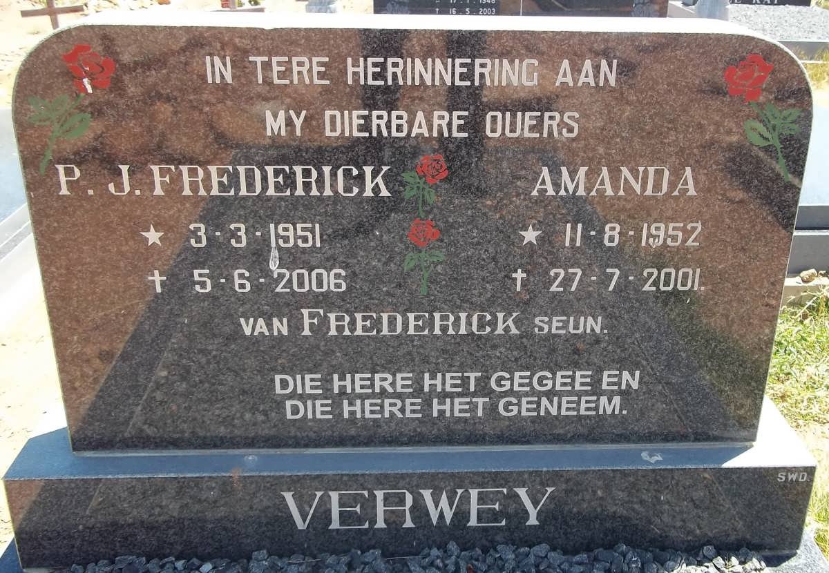 VERWEY P.J. Frederick 1951-2006 &amp; Amanda 1952-2001