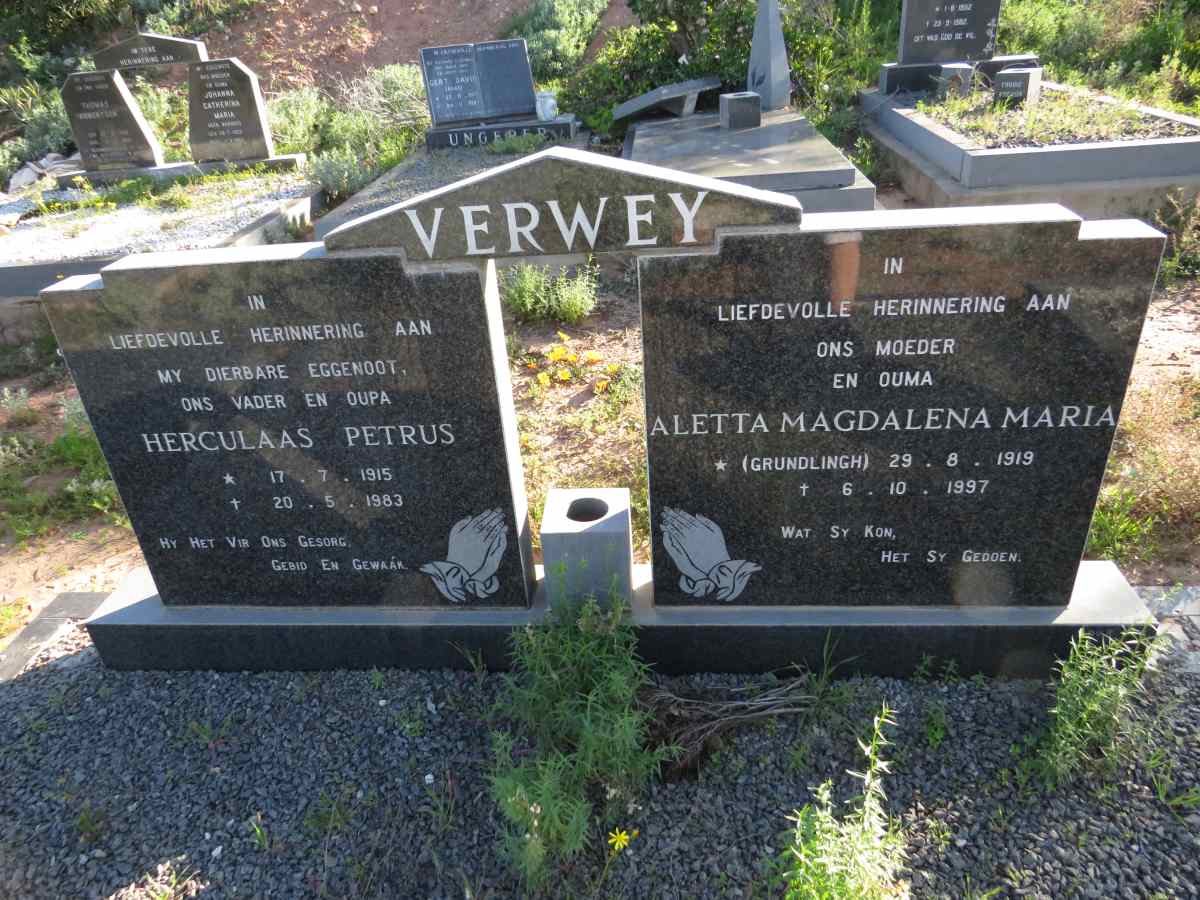 VERWEY Herculaas Petrus 1915-1983 & Aletta Magdalena Maria GRUNDLINGH 1919-1997