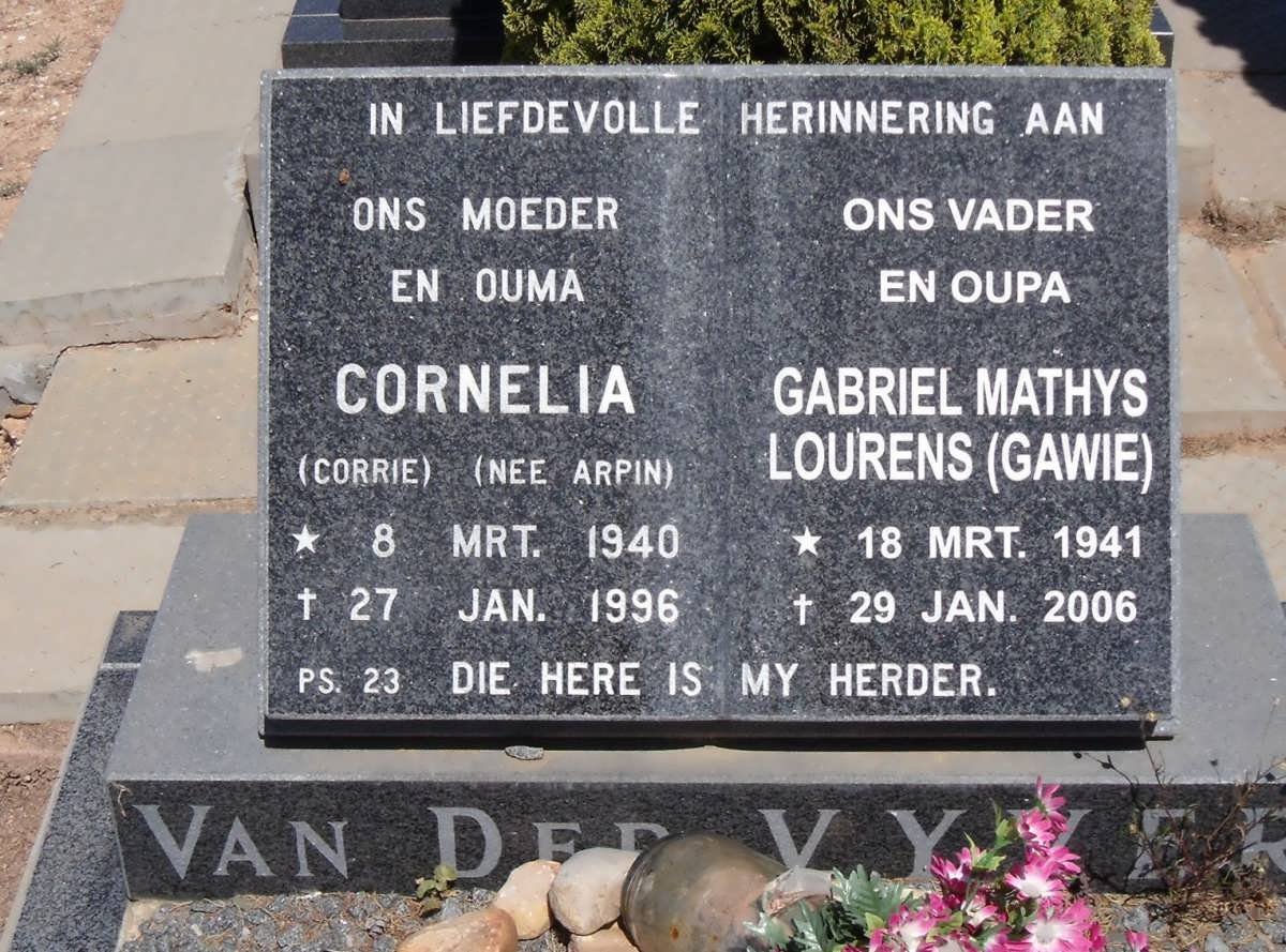 VYVER Gabriel Mathys Lourens, van der 1941-2006 &amp; Cornelia ARPIN 1940-1996