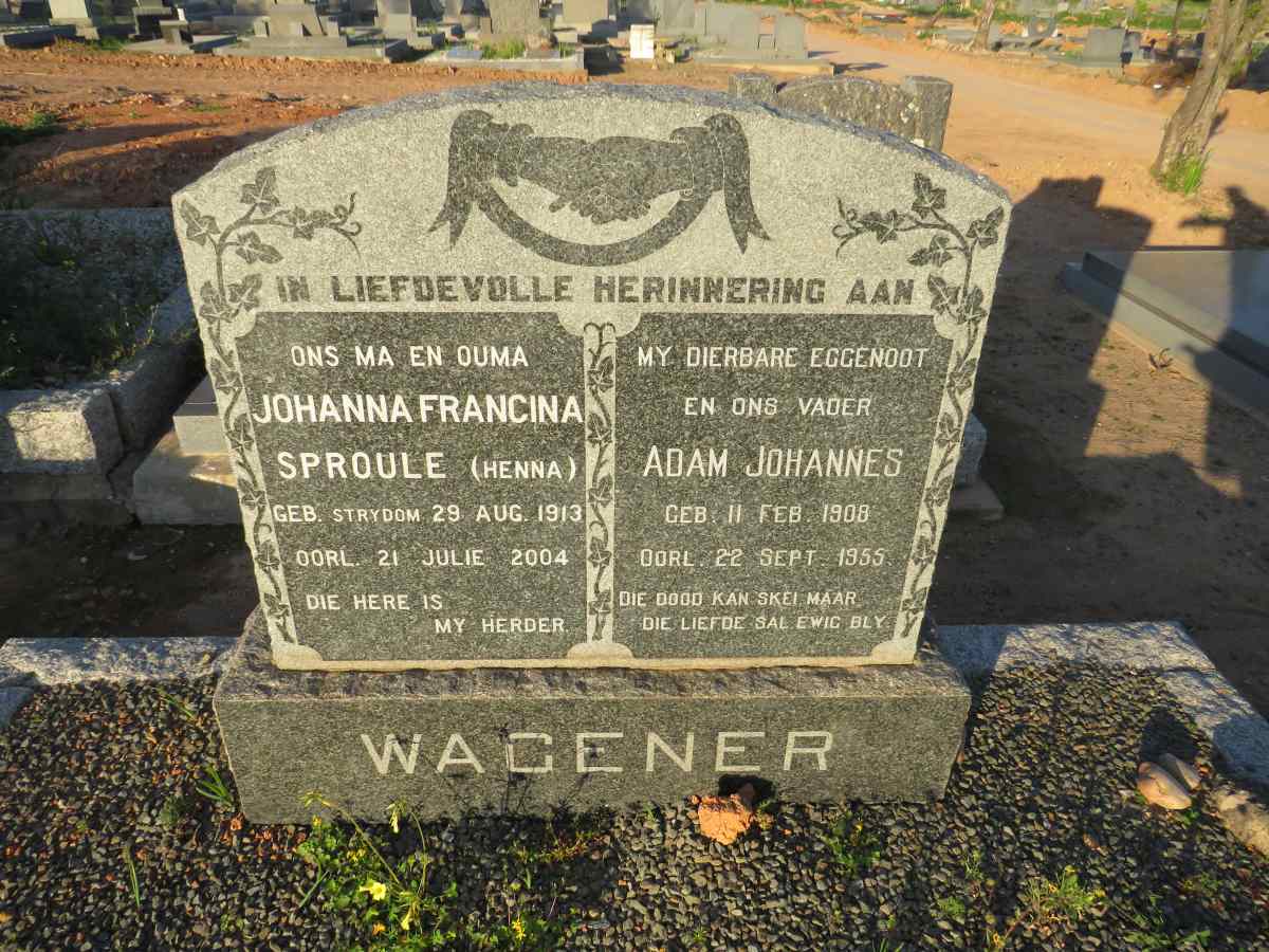 WAGENER Adam Johannes 1908-1955 & Johanna Francina Sproule STRYDOM 1913-2004 
