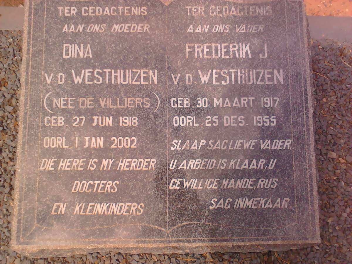 WESTHUIZEN Frederik J., v.d. 1917-1955 &amp; Dina DE VILLIERS 1918-2002
