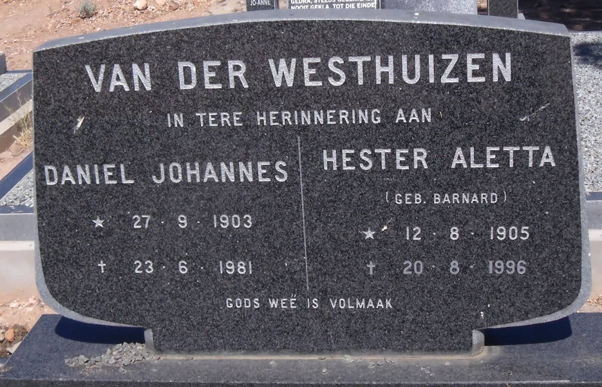 WESTHUIZEN Daniel Johannes, van der 1903-1981 &amp; Hester Aletta BARNARD 1905-1996