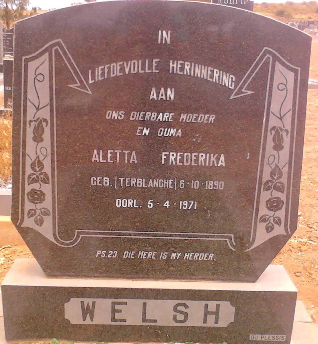 WELSH Aletta Frederika nee TERBLANCHE 1890-1971