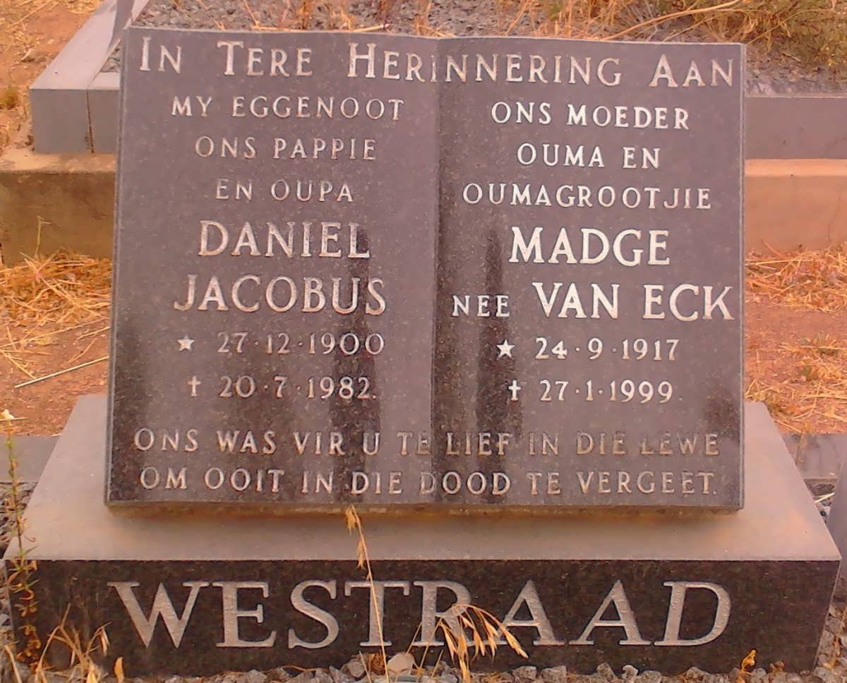 WESTRAAD Daniel Jacobus 1900-1982 &amp; Madge VAN ECK 1917-1999