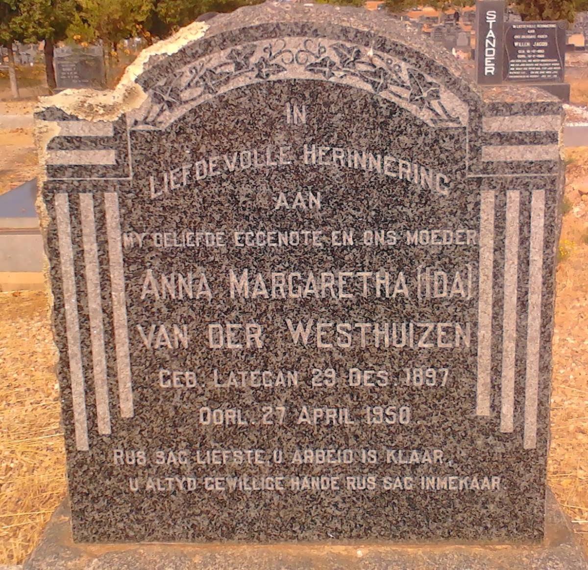 WESTHUIZEN Anna Margaretha, van der nee LATEGAN 1897-1950