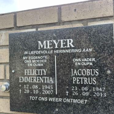MEYER Jacobus Petrus 1942-2013 & Felicity Emmerentia 1945-2007