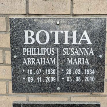 BOTHA Phillipus Abraham 1930-2009 & Susanna Maria 1934-2010
