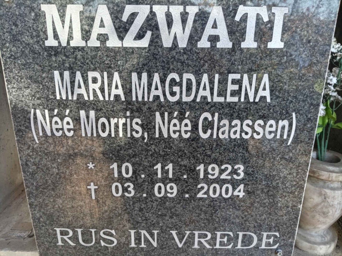 MAZWATI Maria Magdalena voorheen Morris nee Claassen 1923-2004
