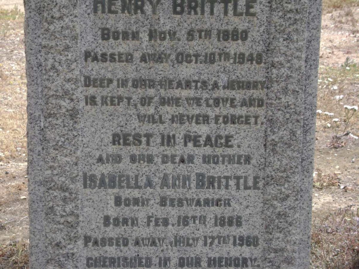 BRITTLE Isabella Ann nee BESWARICK 1886-1960