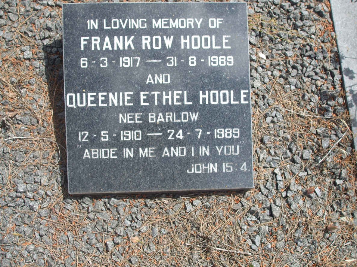 HOOLE Frank Row 1917-1989 &amp; HOOLE Queene Ethel BARLOW 1910-1989