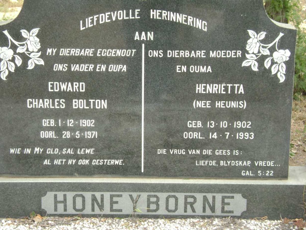 HONEYBORNE Edward Charles Bolton 1902-1971 &amp; Henrietta HEUNIS 1902-1993
