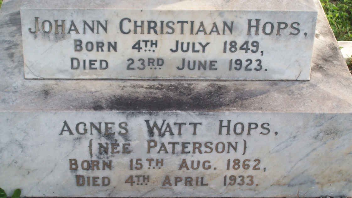 HOPS Johann Christiaan 1849-1923 &amp; Agnes Watt PATERSON 1862-1933