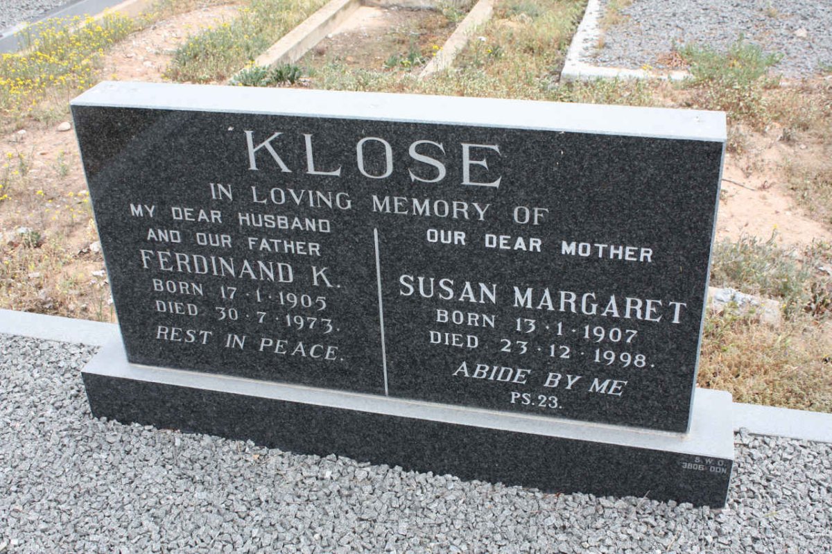 KLOSE Ferdinand K. 1905-1973 &amp; Susan Margaret 1907-1998