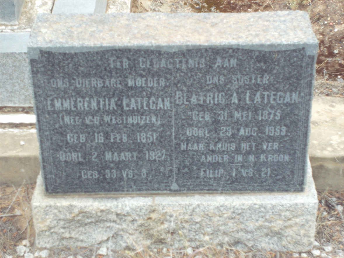 LATEGAN Emmerentia nee v.d. WESTHUIZEN 1851-1927 :: LATEGAN Beatric A. 1875-1959