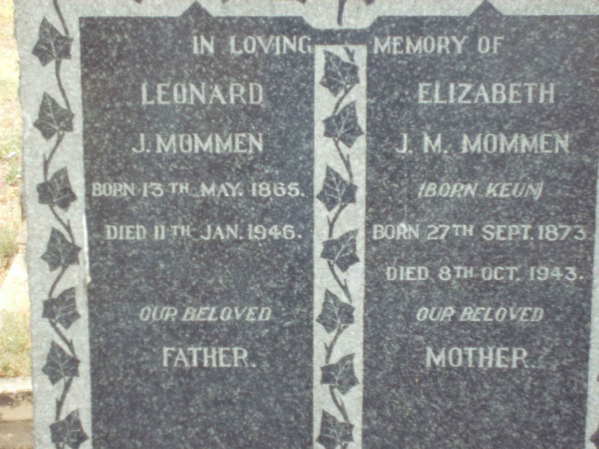MOMMEN Leonard J. 1865-1945 &amp; Elizabeth J. M. KEUN 1873-1943