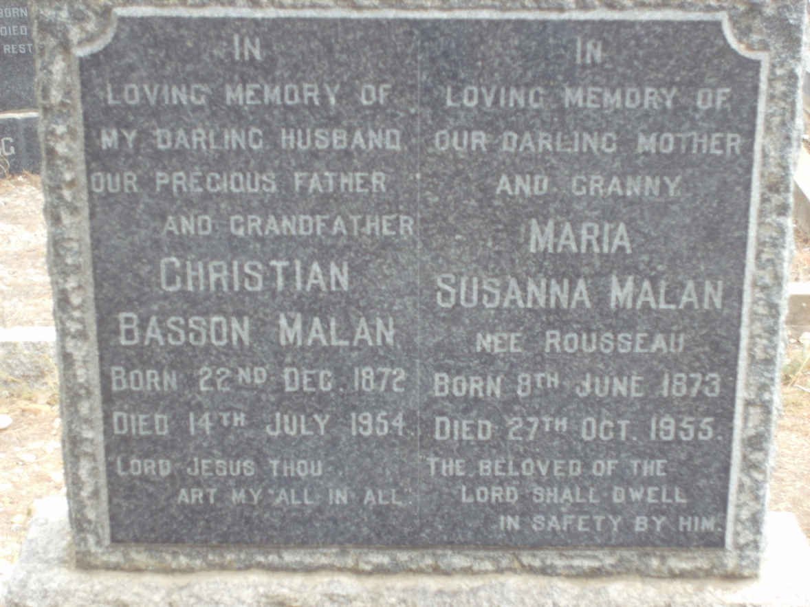 MALAN Christian Basson 1872-1954 &amp; Maria Susanna ROUSSEAU 1873-1955