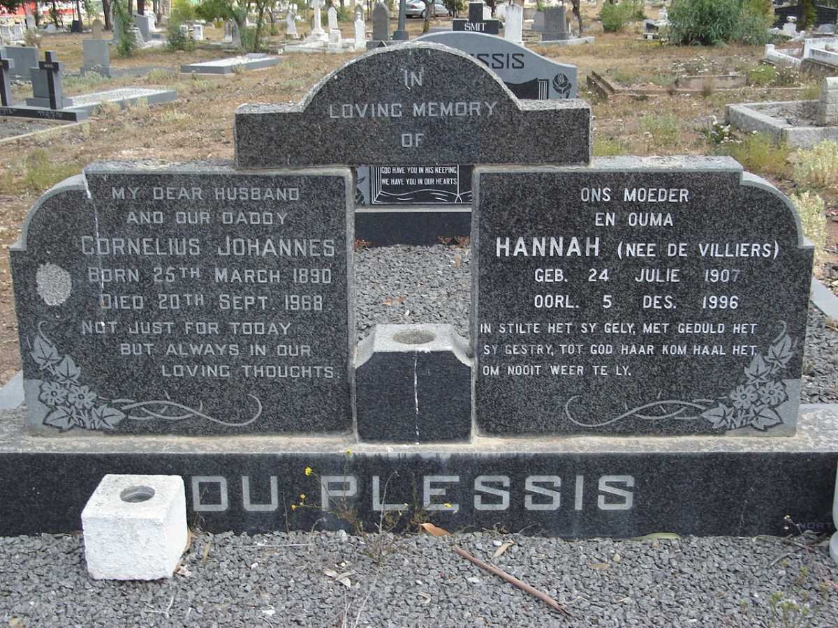 PLESSIS Cornelius Johannes, du 1890-1968 &amp; Hannah DE VILLIERS 1907-1996