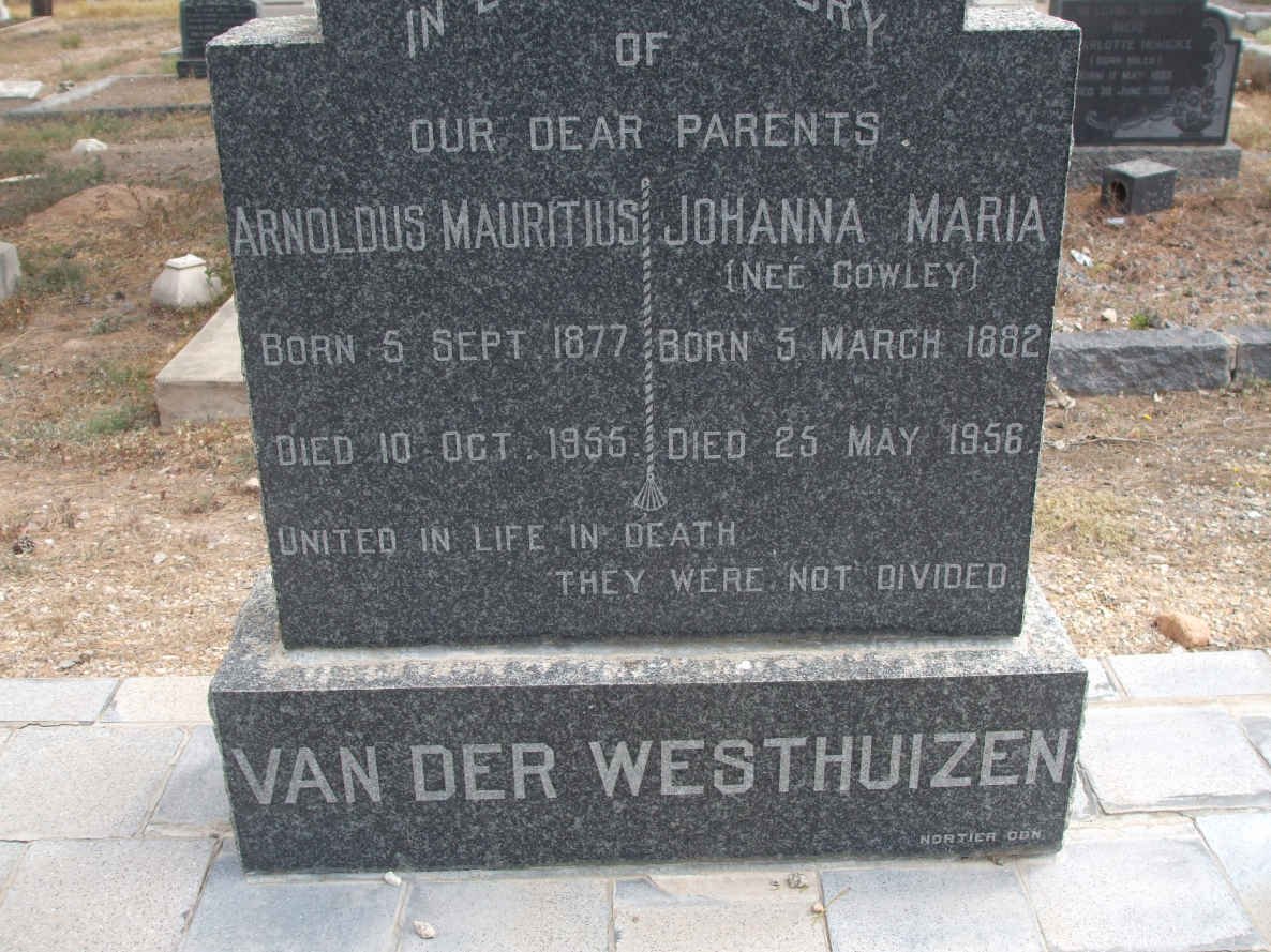 WESTHUIZEN Arnoldus Mauritius, van der 1877-1955 &amp; Johanna Maria COWLEY 1882-1956