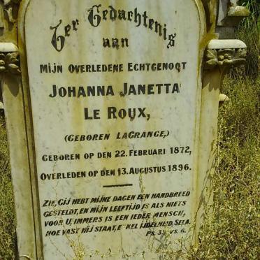 ROUX Johanna Janetta, le nee LA GRANGE 1872-1896