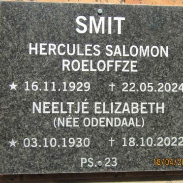 SMIT Hercules Salomon Roeloffze 1929-2024 & Neeltje Elizabeth ODENDAAL 1930-2022