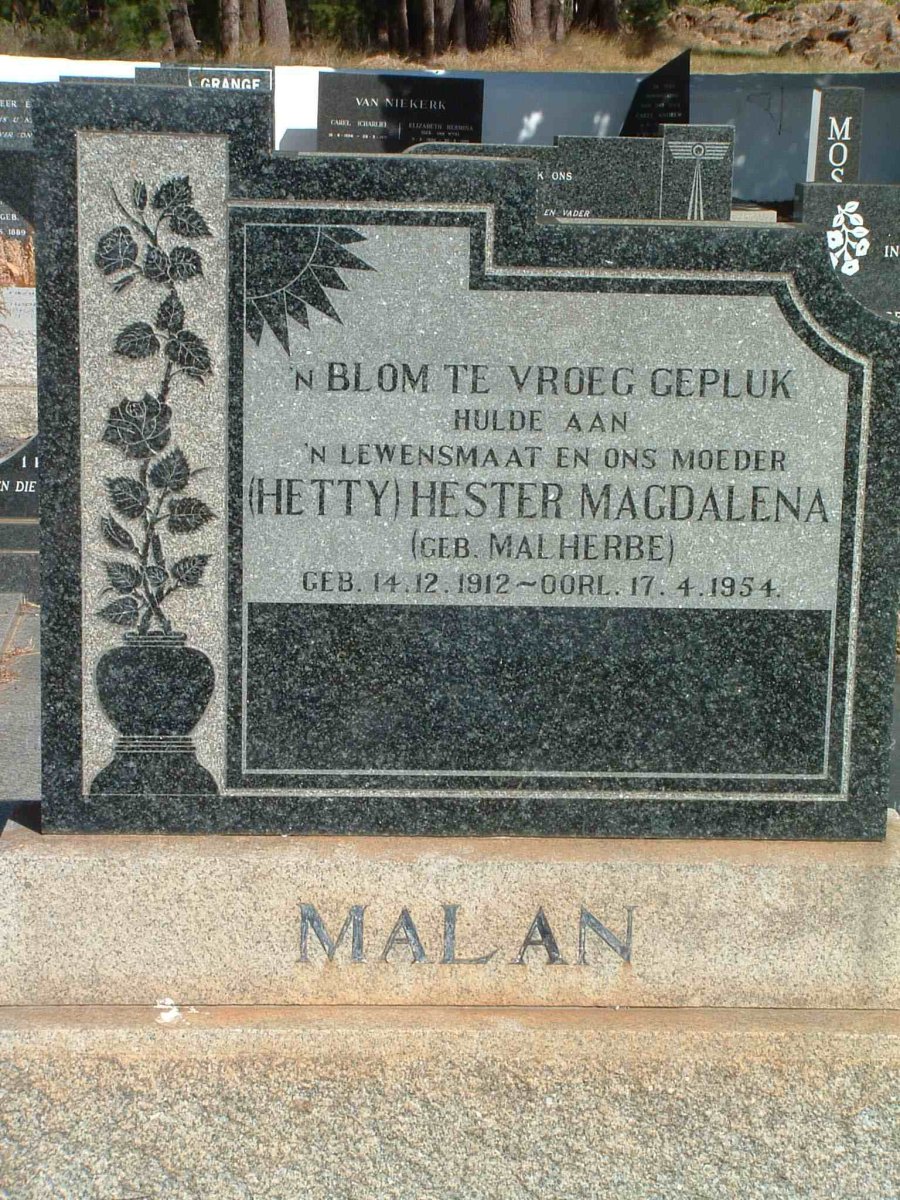 MALAN Hester Magdalena nee MALHERBE 1912-1954
