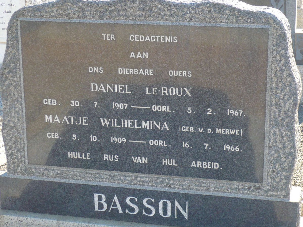 BASSON Daniel le Roux 1907-1967 &amp; Maatje Wilhelmina VAN DER MERWE 1909-1966