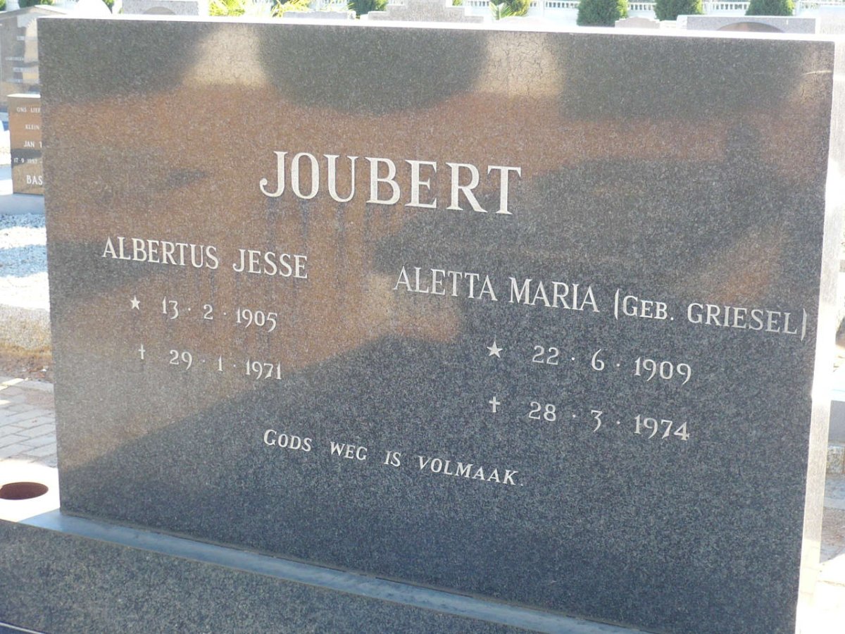 JOUBERT Albertus Jesse 1905-1971 &amp; Aletta Maria GRIESEL 1909-1974