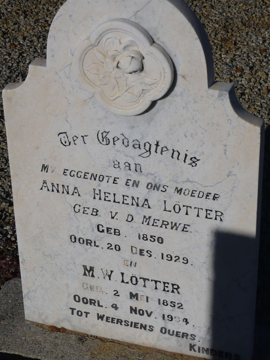 LÖTTER M.W. 1852-1954 &amp; Anna Helena VAN DER MERWE 1850-1929