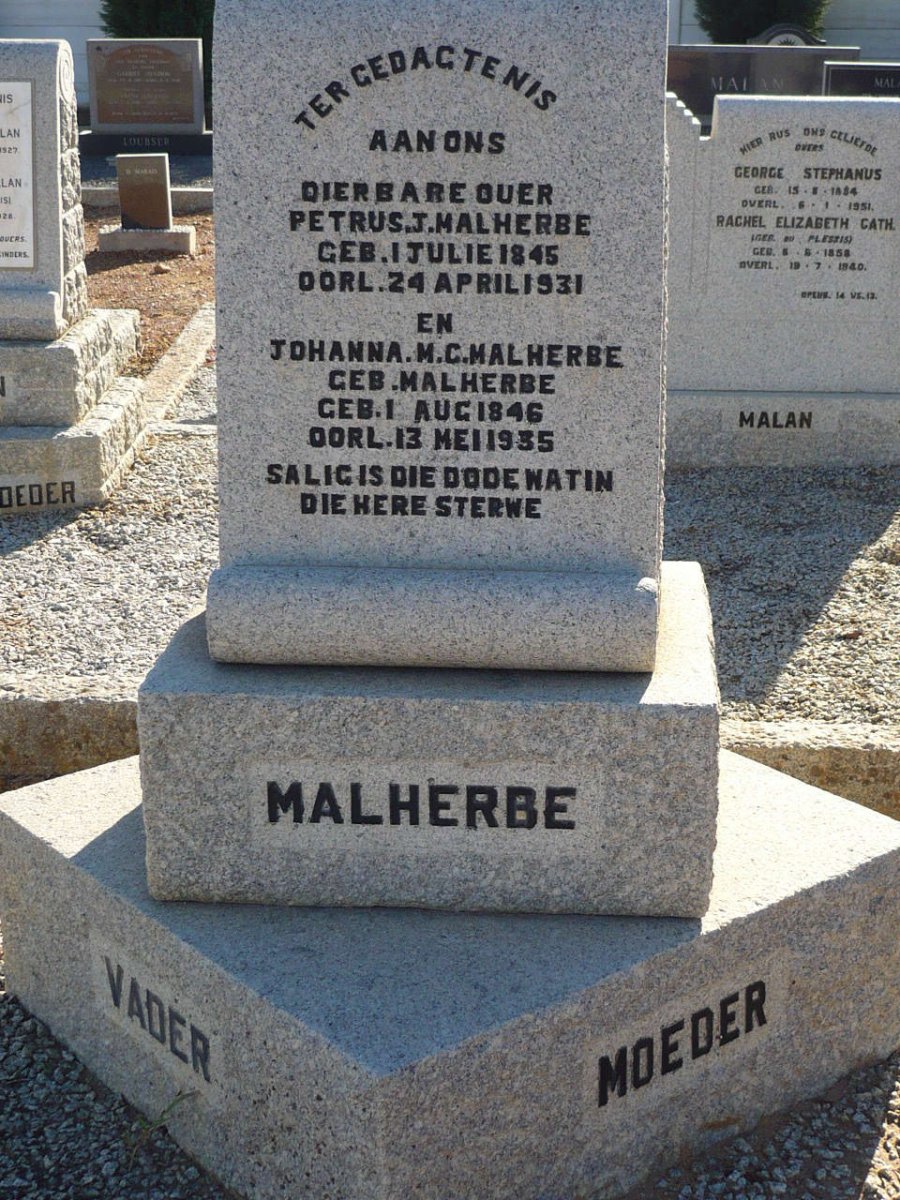 MALHERBE Petrus J. 1845-1931 &amp; Johanna M.C. MALHERBE 1846-1935
