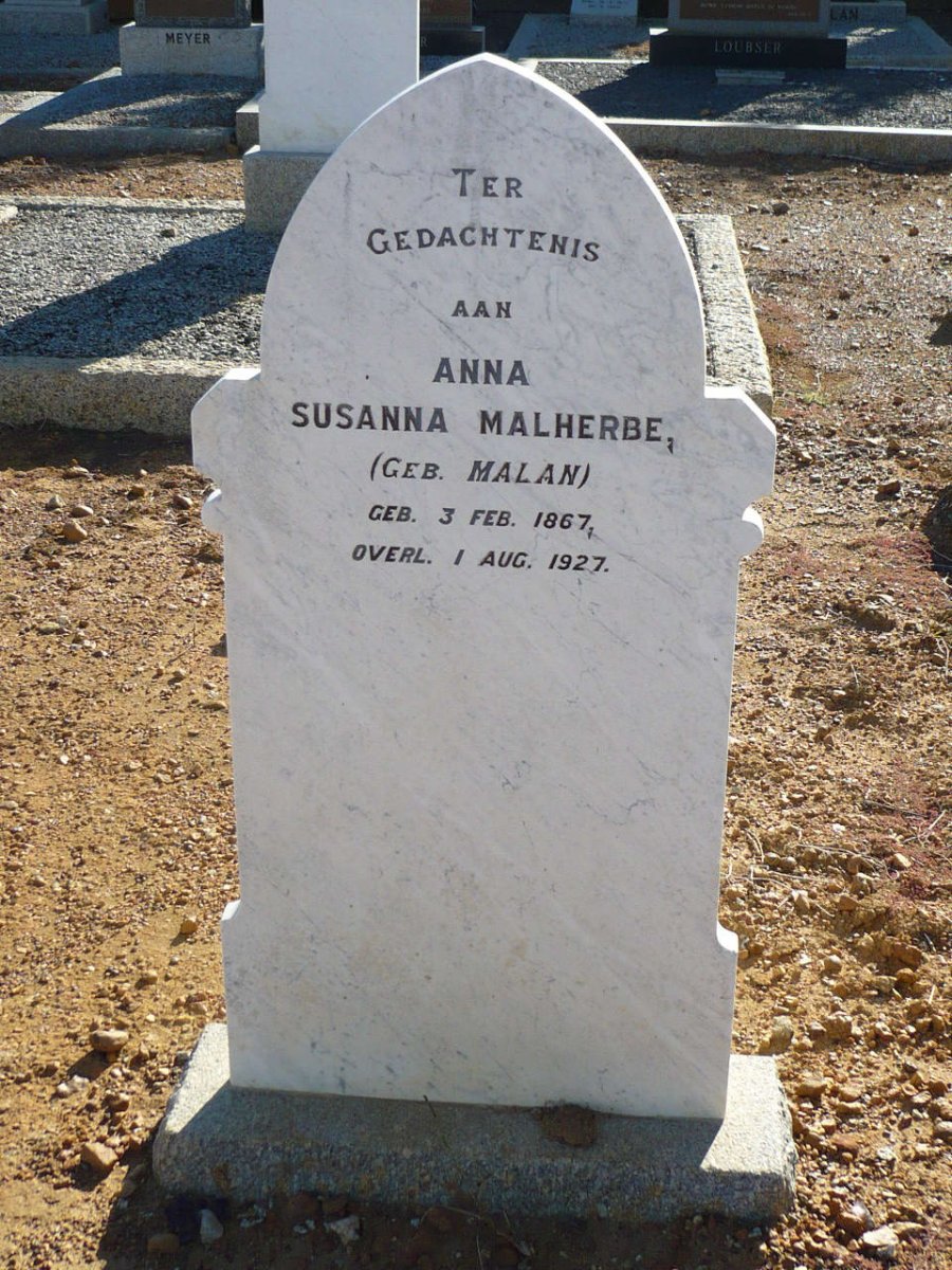 MALHERBE Anna Susanna nee MALAN 1867-1927