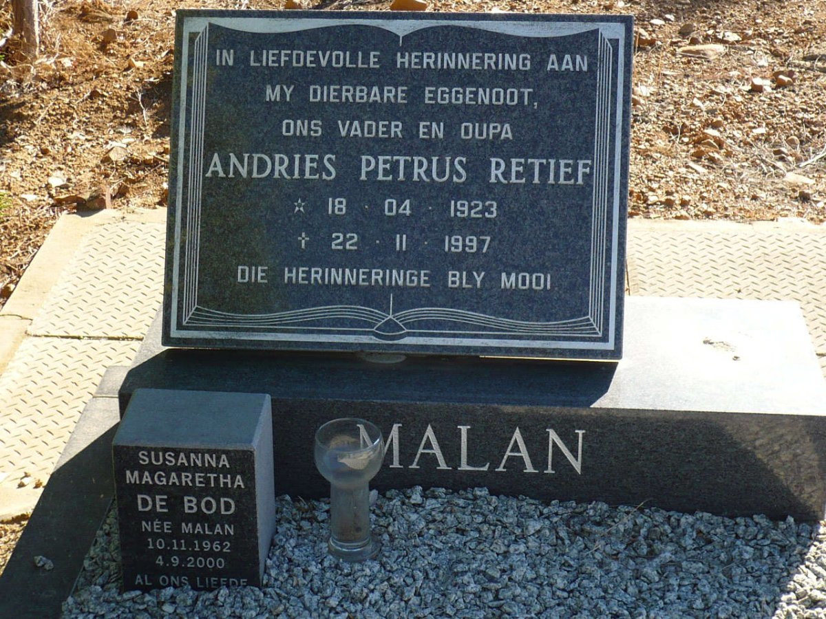 MALAN Andries Petrus Retief 1923-1997 :: DE BOD Susanna Margaretha nee MALAN 1962-2000