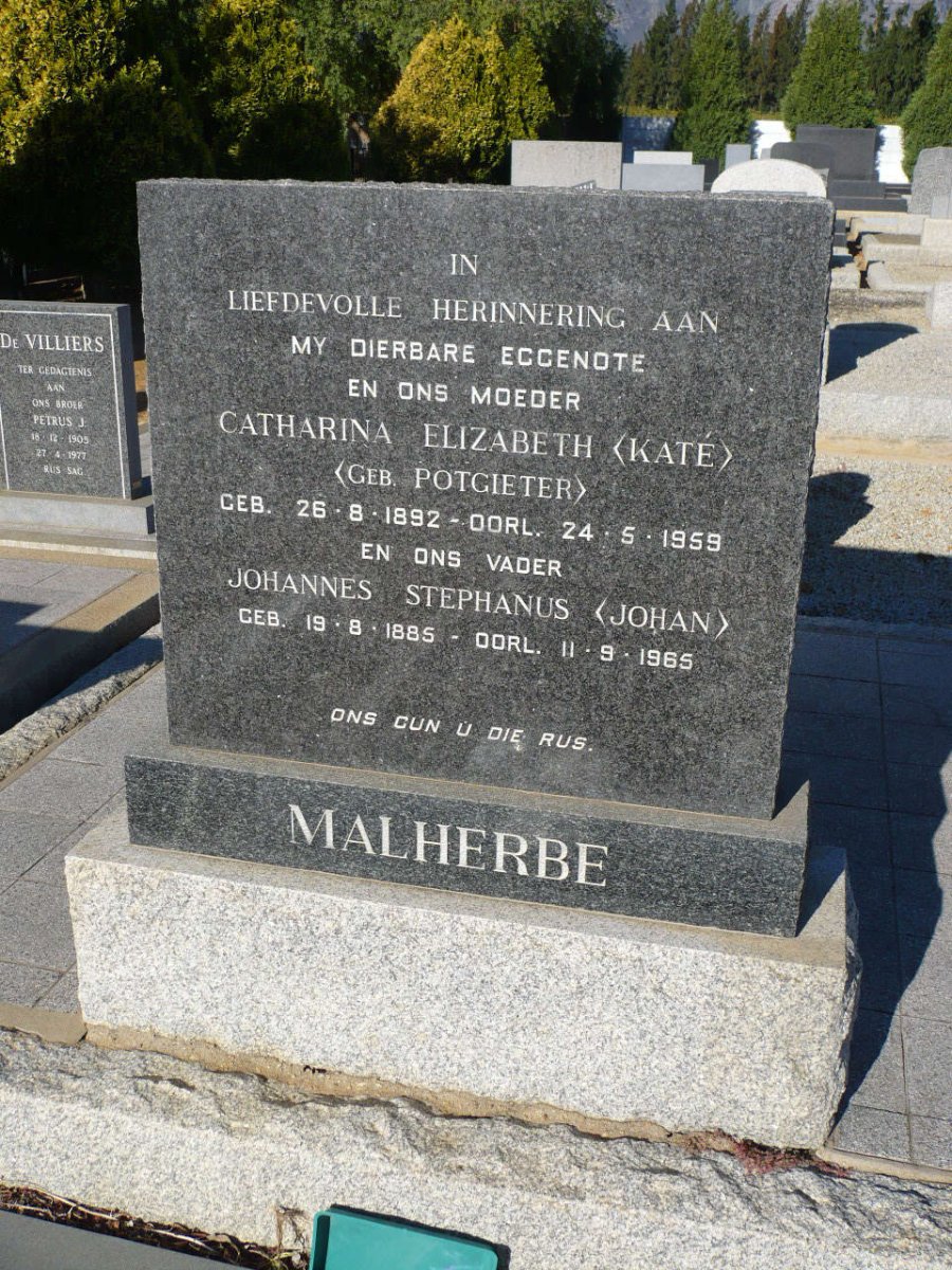 MALHERBE Johannes Petrus 1885-1965 &amp; Catharina Elizabeth POTGIETER 1892-1959