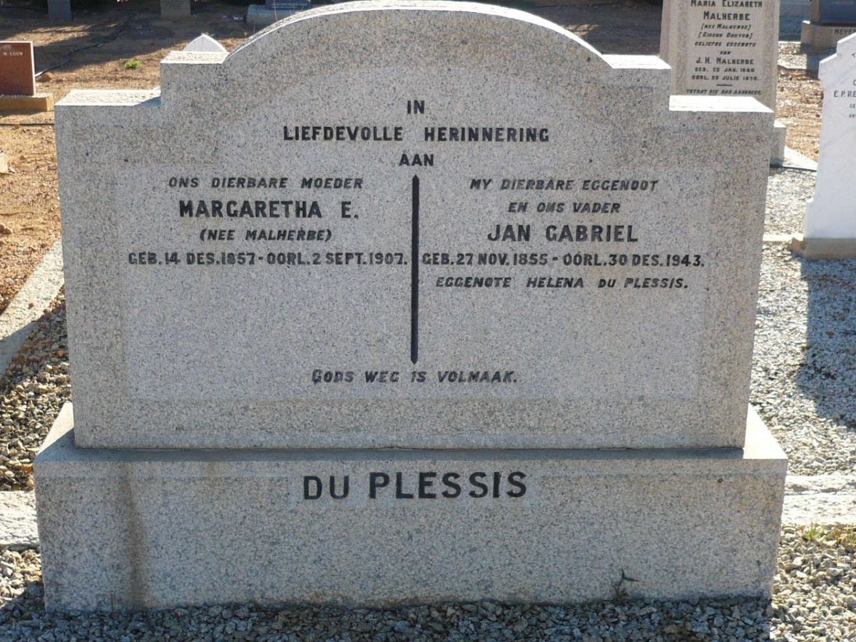 PLESSIS Jan Gabriel, du 1855-1943 &amp; Margaretha E. MALHERBE
