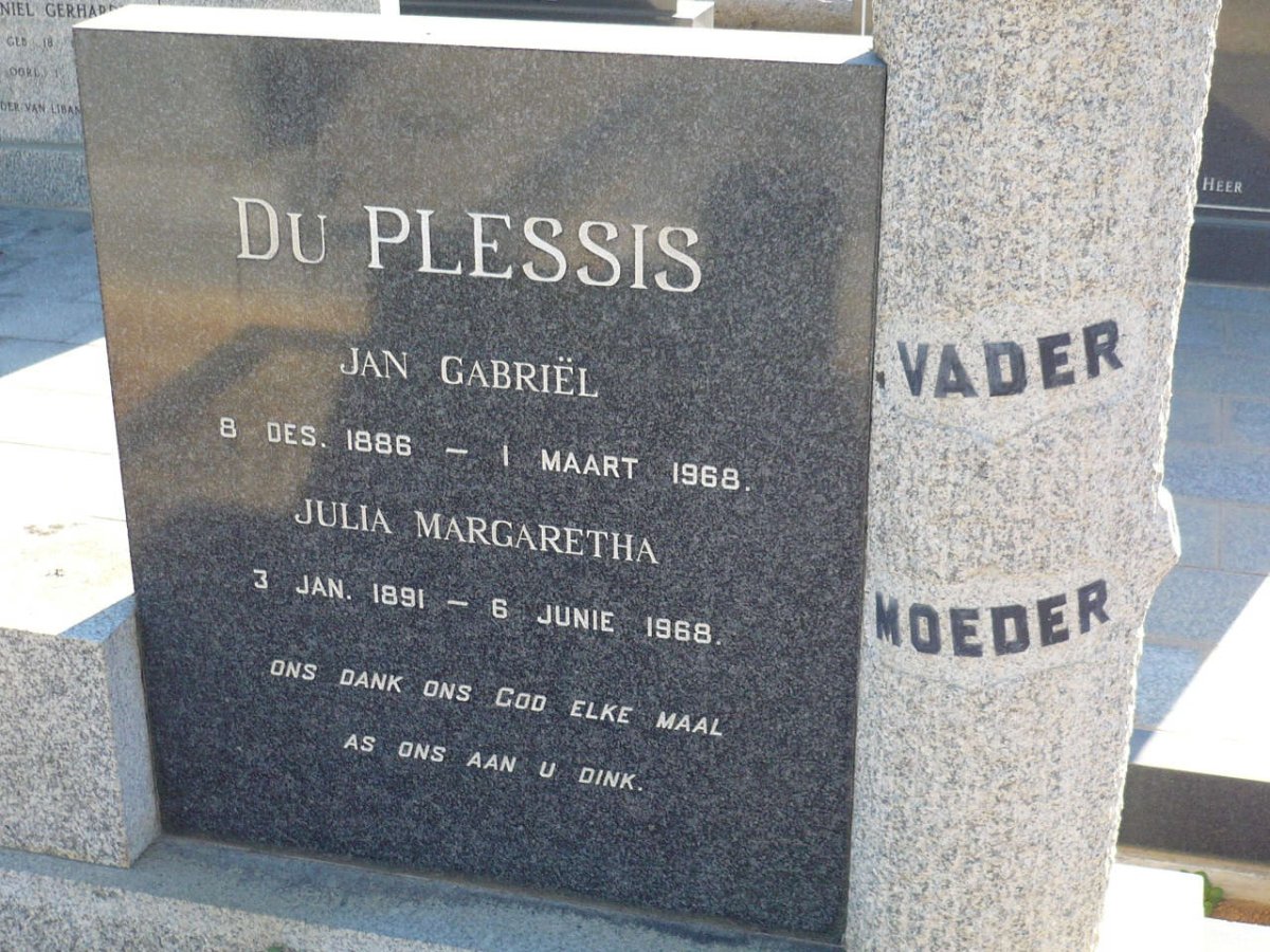 PLESSIS Jan Gabriël, du 1886-1968 &amp; Julia Margaretha 1891-1968
